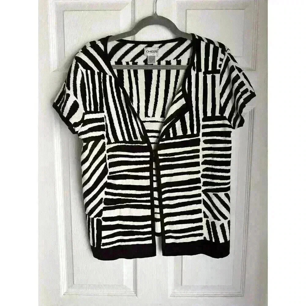 Chico's Open Front Brown & Cream Short Sleeve Silk Cotton Blend Size 1